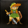 A cartoon-style elf warrior with orange hair, pointy ears, and a green hooded outfit holds a sword and wooden shield against a black background, in a Zelda-inspired pose. Artwork by Joshua Budich.