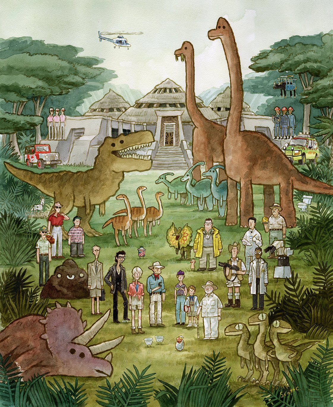 Watercolor and colored pencil illustration in Scott C.’s style featuring Jurassic Park characters, dinosaurs, staff, vehicles, and a helicopter gathered before a jungle building—bringing the Dinosaur Recreation Area to life.