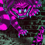 A neon-striped, menacing cat with sharp teeth and claws looms above a long-haired woman, bold in pink, purple, and green against a dark brick wall—evoking the signature style of Justin Hampton.