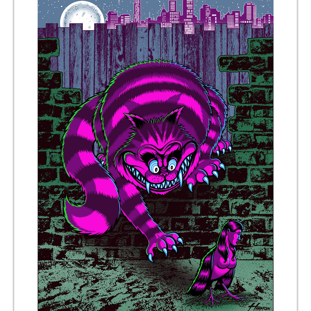 A giant, grinning purple and pink striped cat crouches on a brick wall at night, looming over a small girl with long hair in this screen print by Justin Hampton. City buildings and a glowing full moon fill the background.