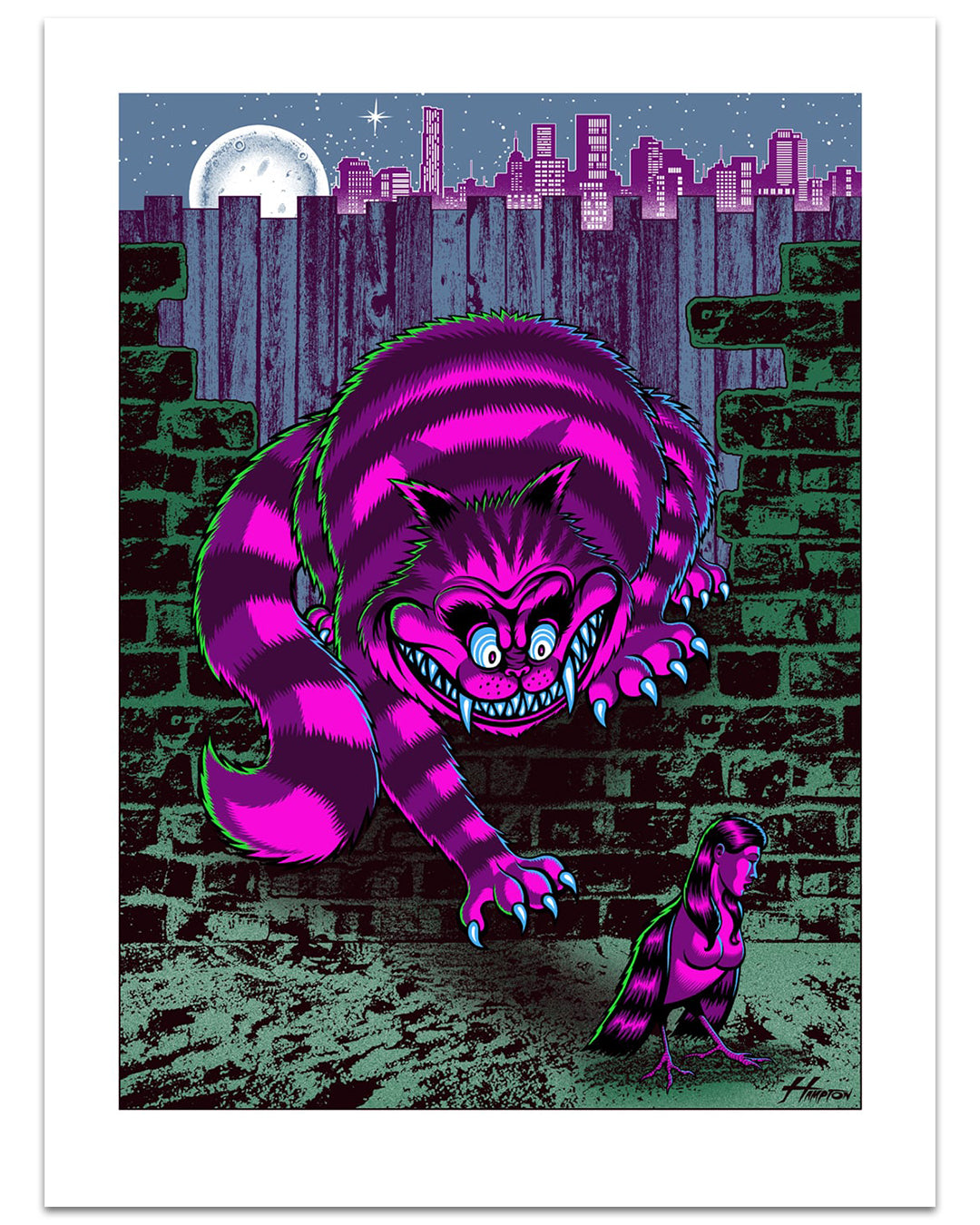 A giant, grinning purple and pink striped cat crouches on a brick wall at night, looming over a small girl with long hair in this screen print by Justin Hampton. City buildings and a glowing full moon fill the background.