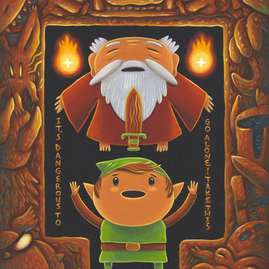 Illustration of a character with a beard and another in a green outfit, framed by tribal designs.