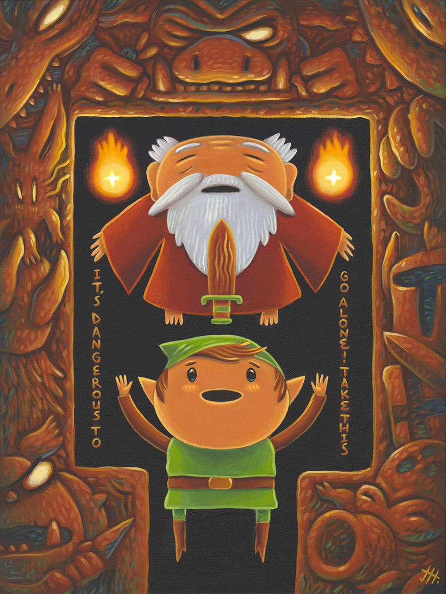 Illustration of a character with a beard and another in a green outfit, framed by tribal designs.