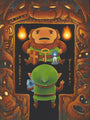 Illustration of a green character with a lantern standing in front of a wooden mask with a face, surrounded by tiki torches.