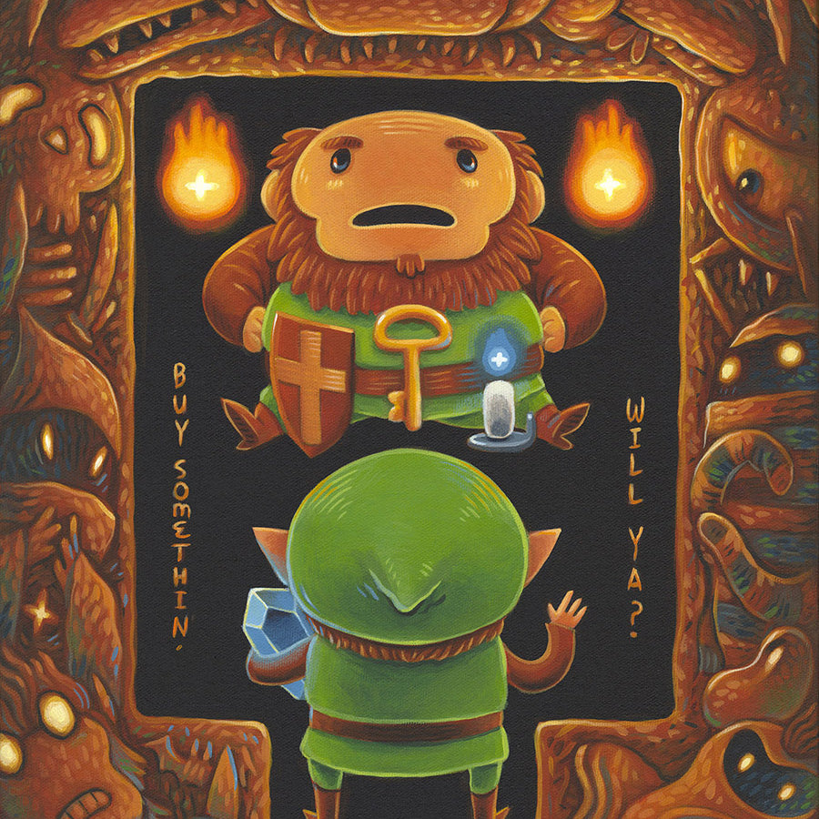 Illustration of a green character with a lantern standing in front of a wooden mask with a face, surrounded by tiki torches.