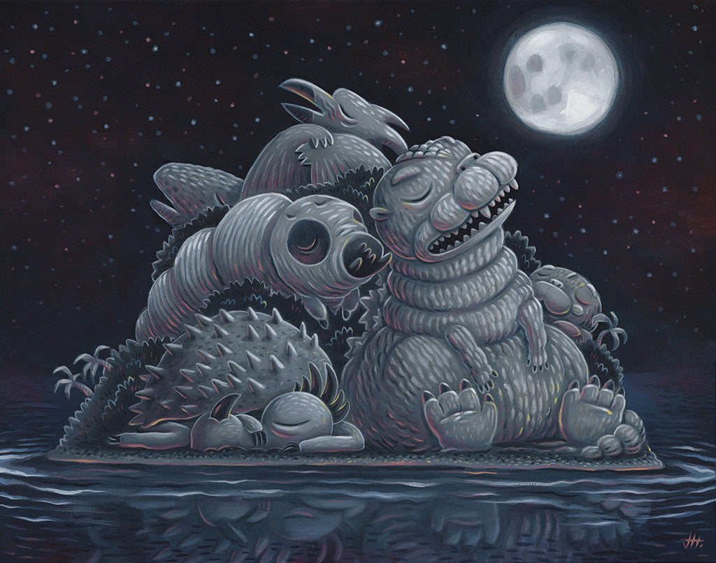 Painting of Godzilla and several other monsters sleeping on a small island with a large full moon in the background