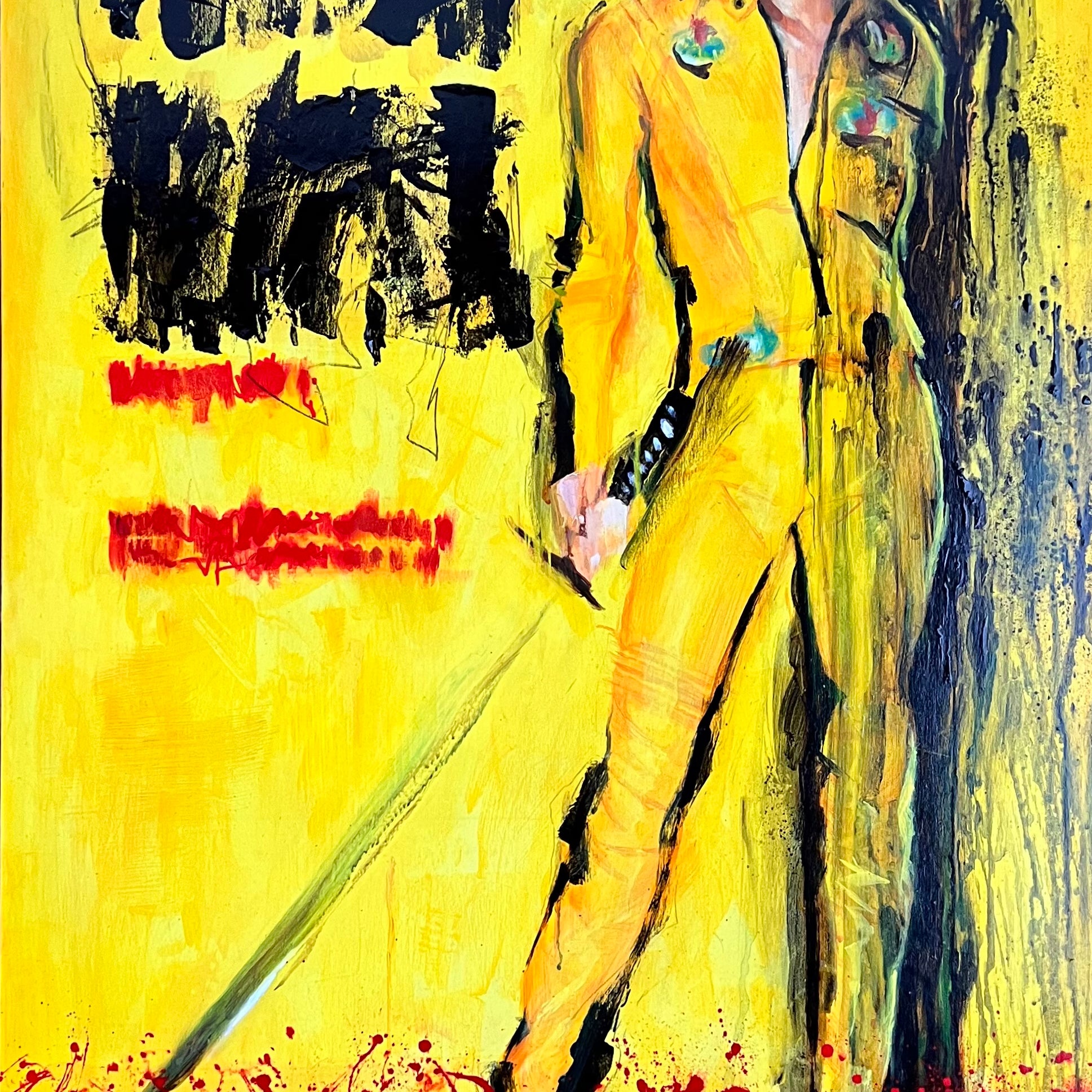A dynamic Spoke Art painting depicts a woman in a bright yellow jumpsuit wielding a katana, set against a vivid yellow background with bold black and red splashes, evoking classic Kill Bill action movie poster style.