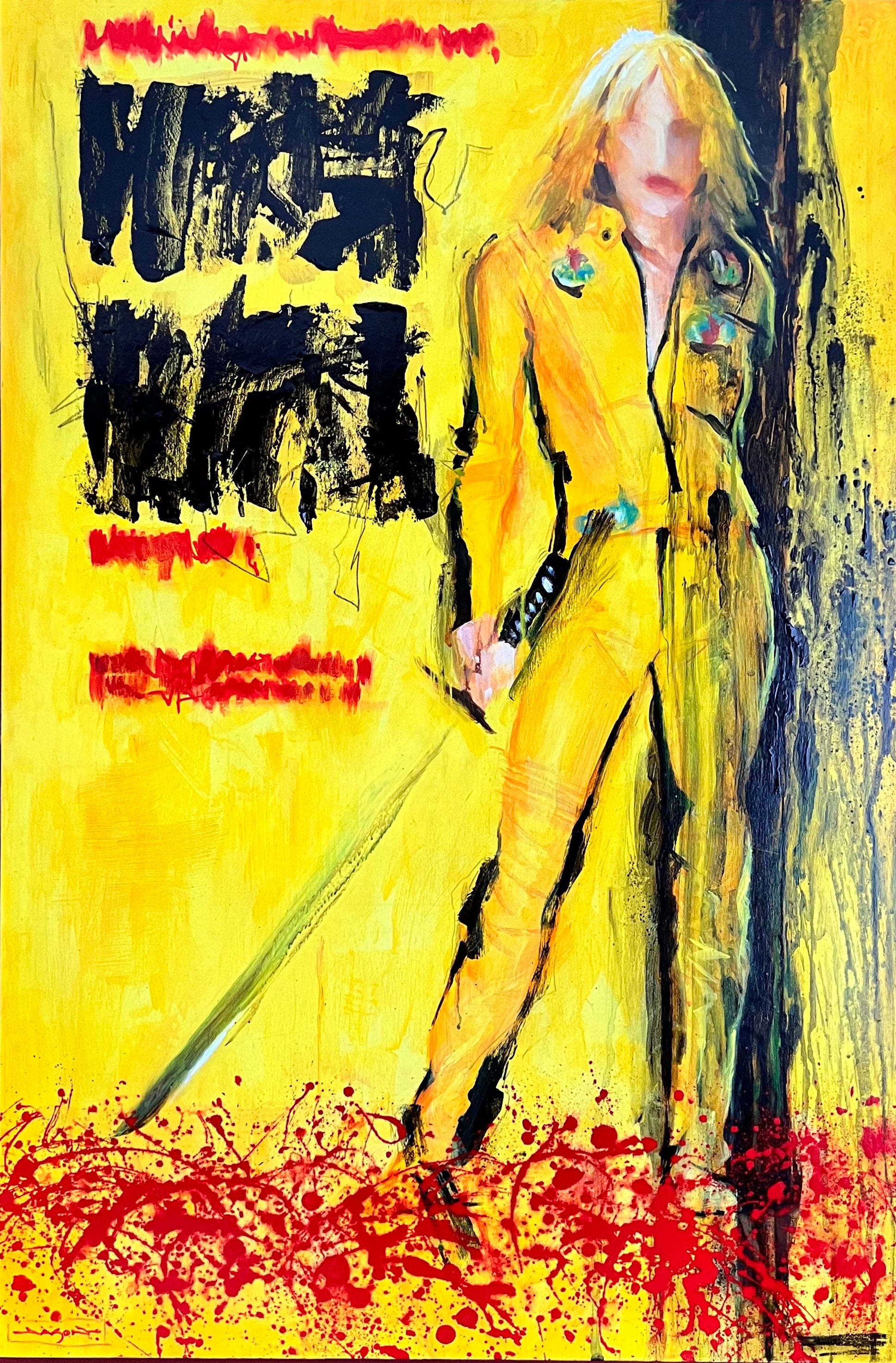 A dynamic Spoke Art painting depicts a woman in a bright yellow jumpsuit wielding a katana, set against a vivid yellow background with bold black and red splashes, evoking classic Kill Bill action movie poster style.