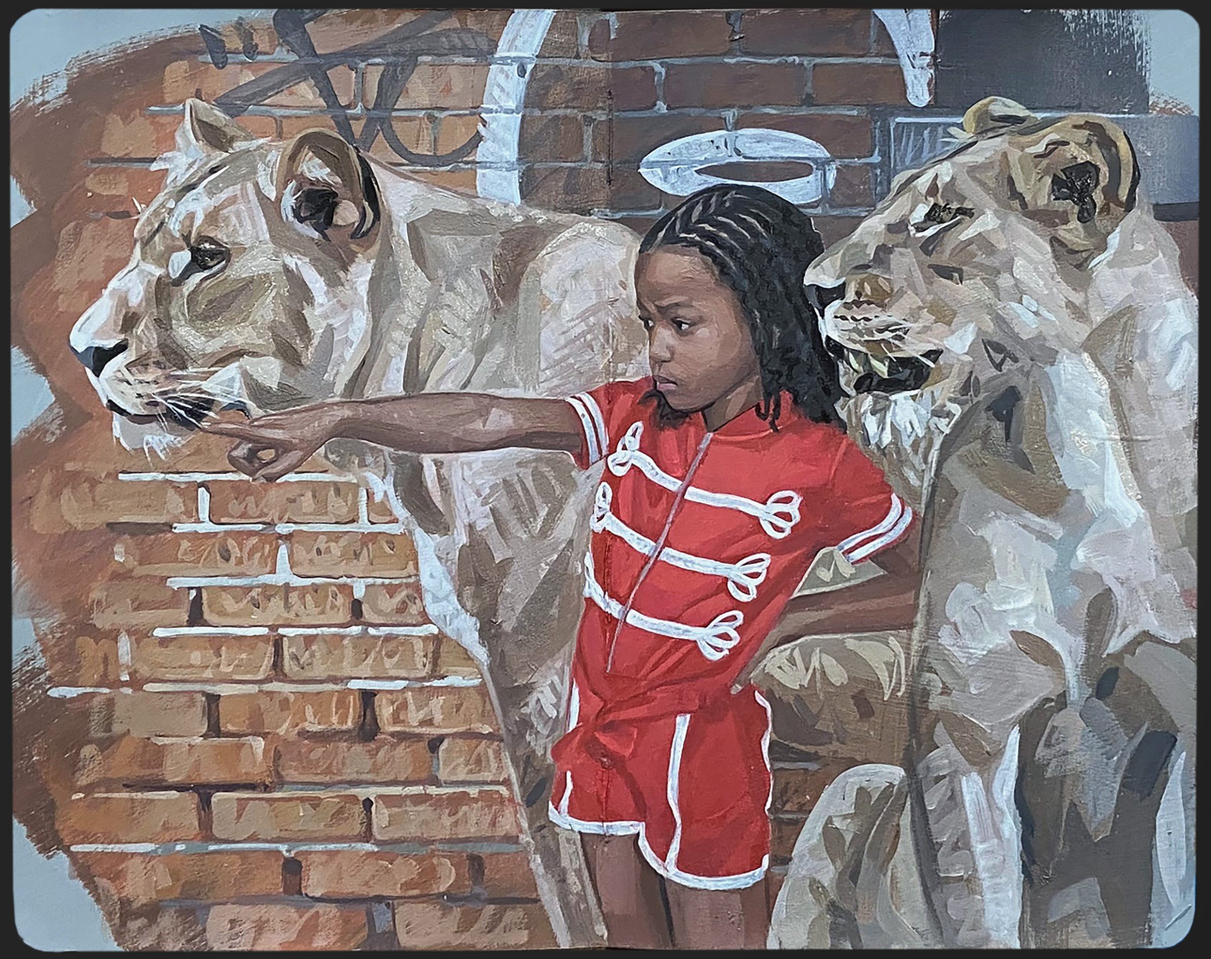 painting in an open face Moleskine notebook depicting a small child wearing a red marching band outfit, pointing while surrounded by two lions against a brick exterior by artist Kevin Peterson