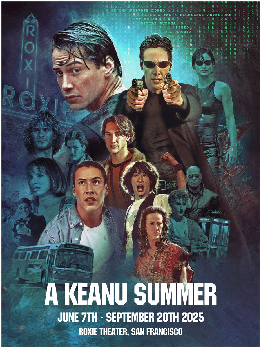 Limited edition Joey Feldman poster for A Keanu Summer at Roxie Theater, showcasing Keanu Reeves iconic roles in dramatic poses on a blue-toned background. Event dates and details are displayed at the bottom.