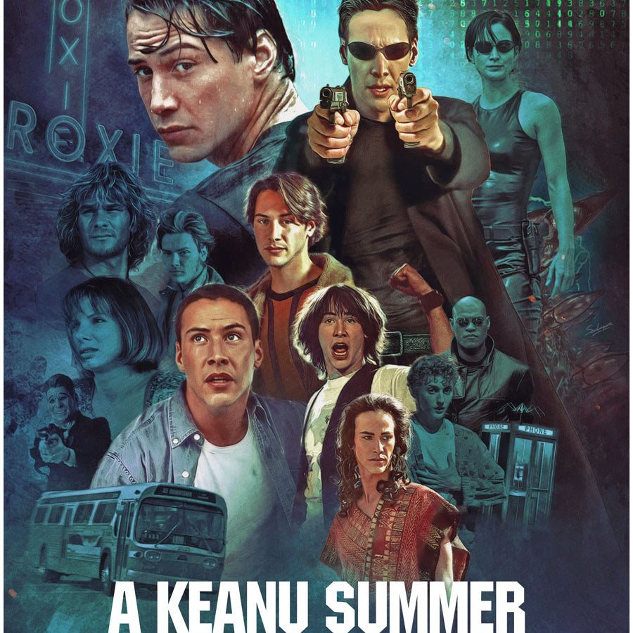 Limited edition Joey Feldman poster for A Keanu Summer at Roxie Theater, showcasing Keanu Reeves iconic roles in dramatic poses on a blue-toned background. Event dates and details are displayed at the bottom.