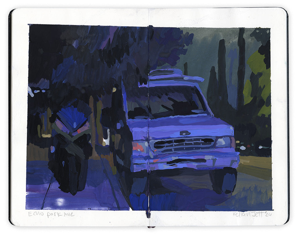 Painting in an open face Moleskine notebook of a sidewalk in Los Angeles in the evening depicting a motorcycle parked on the sidewalk next to a Jeep by artist Kellan Jett