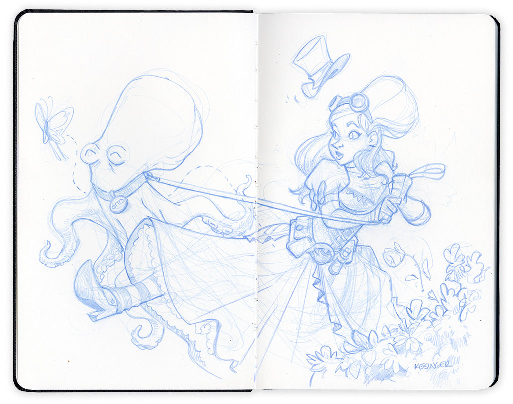 Blue sketch-like drawing of a woman in steam-punk attire being pulled by an octopus on a leash chasing a butterfly on a Moleskine notebook by artist Brian Kesinger