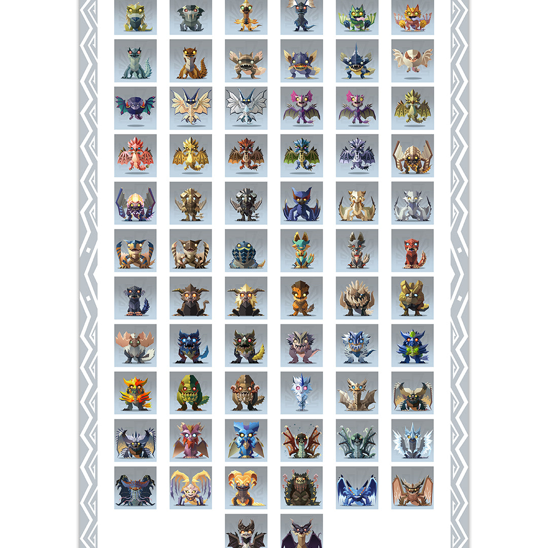 A grid of unique cat faces in Monster Hunter World-inspired fantasy helmets and armor by Kevan Hom, displayed on a light background with decorative borders—perfect as a digital print on archival poster paper.