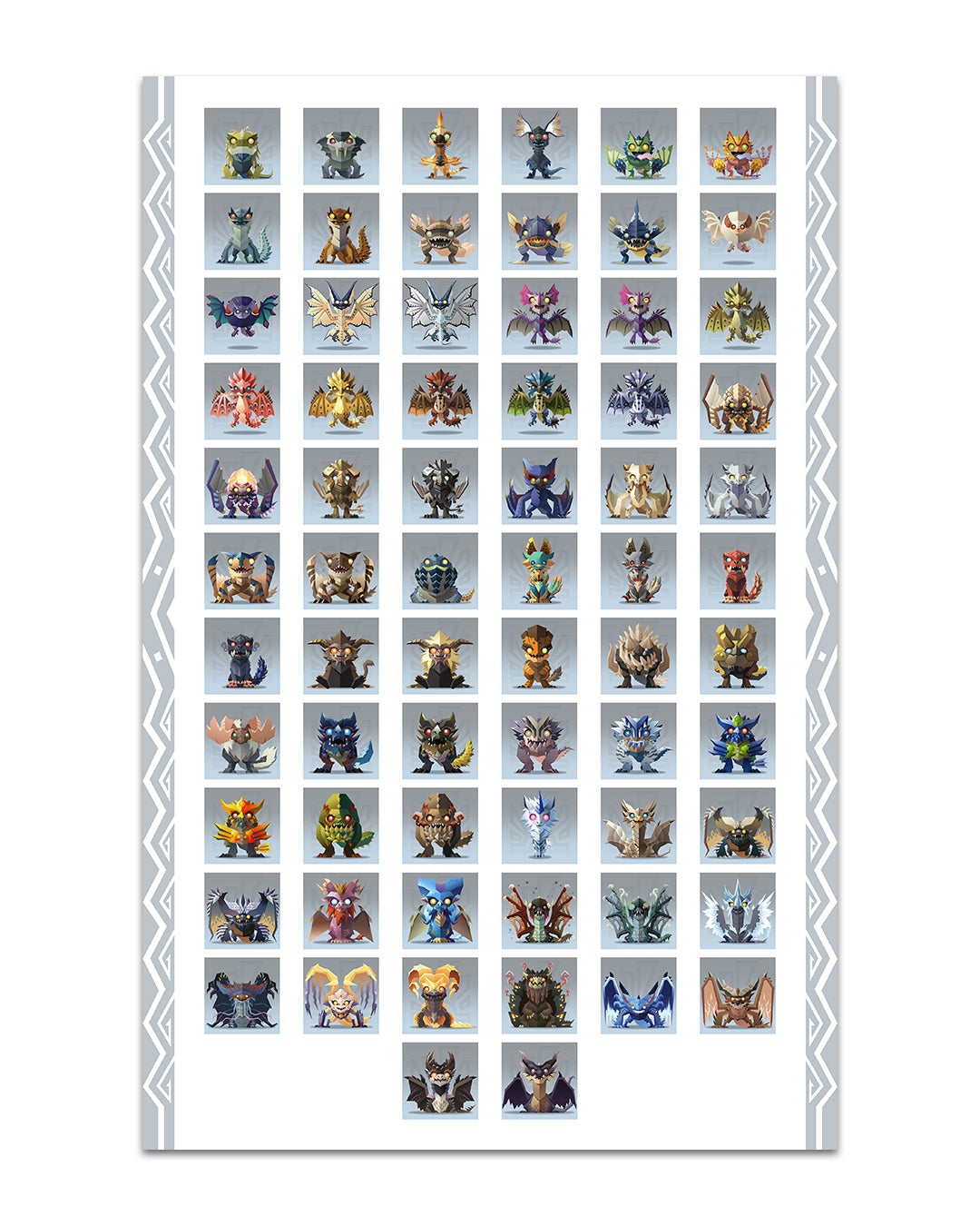 A grid of unique cat faces in Monster Hunter World-inspired fantasy helmets and armor by Kevan Hom, displayed on a light background with decorative borders—perfect as a digital print on archival poster paper.