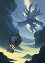 Illustration of a hot air balloon in the clouds with a dragon in the background