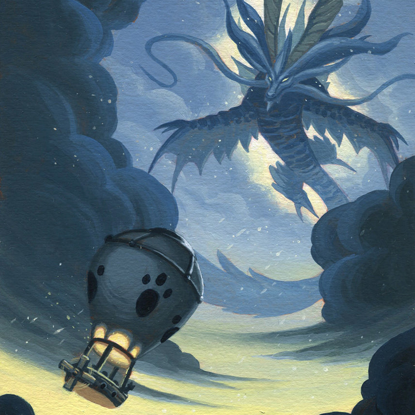 Illustration of a hot air balloon in the clouds with a dragon in the background