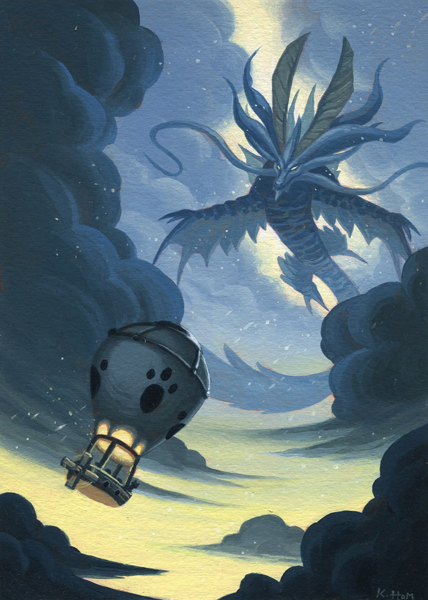Illustration of a hot air balloon in the clouds with a dragon in the background