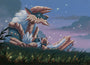 Illustration of a dragon-like creature and a bear-like creature in a fantasy landscape with stars in the sky.