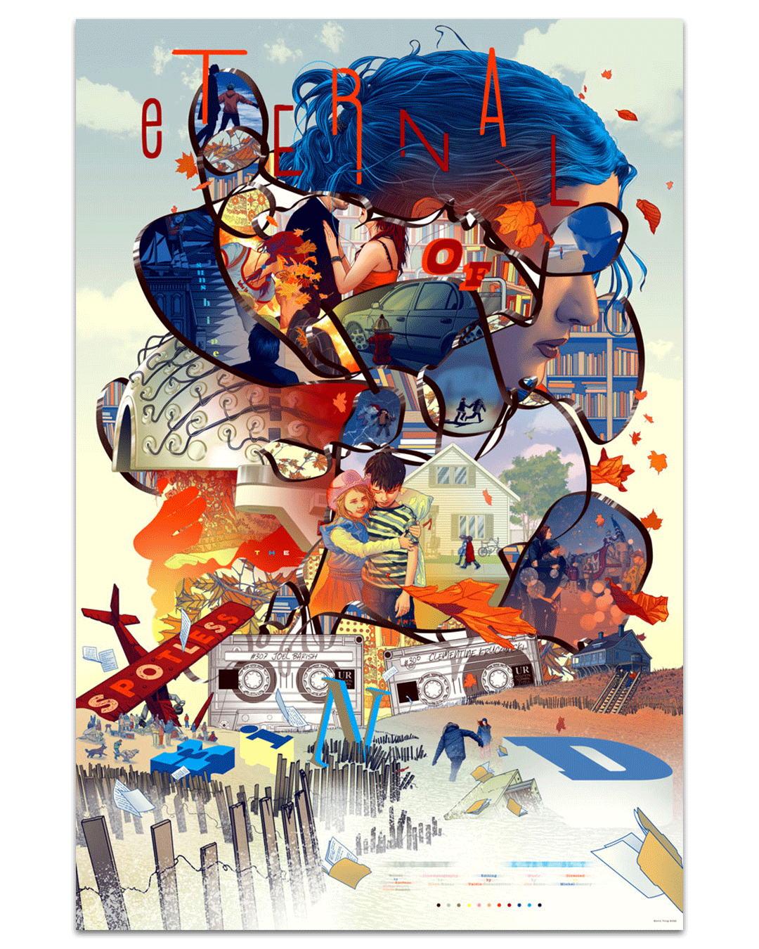 Kevin Tong’s screen print, inspired by Eternal Sunshine of the Spotless Mind, features a blue-haired figure in sunglasses, couples, autumn leaves, houses, and books in a vibrant collage evoking memory and connection.
