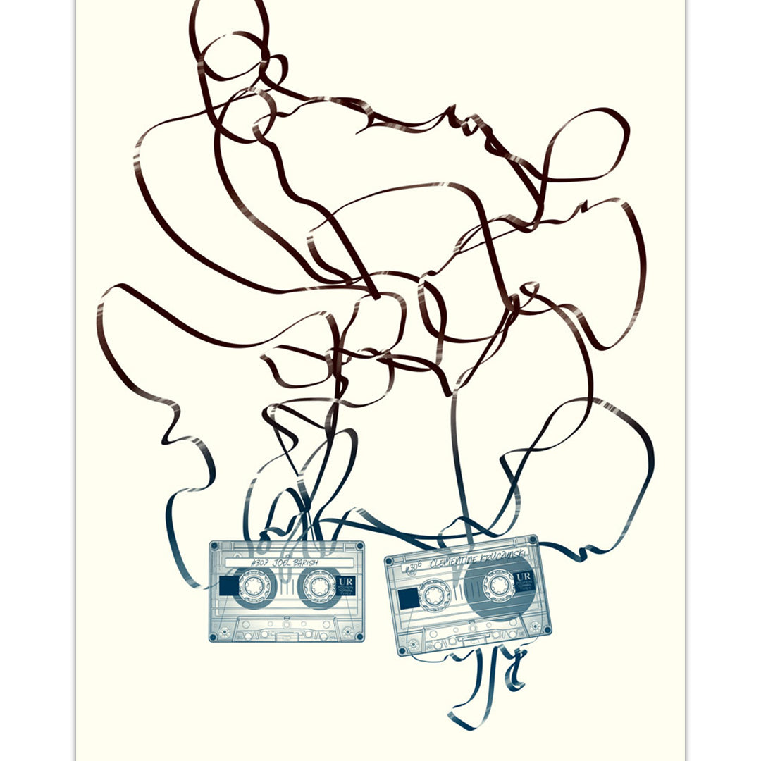 Abstract design with two cassette tapes and swirling lines on a white background