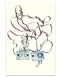 Abstract design with two cassette tapes and swirling lines on a white background