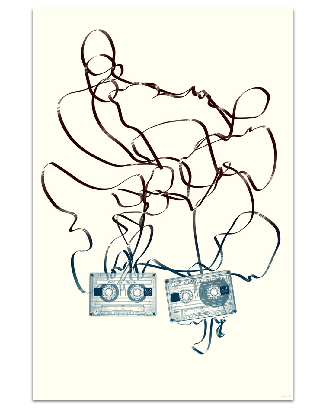 Abstract design with two cassette tapes and swirling lines on a white background