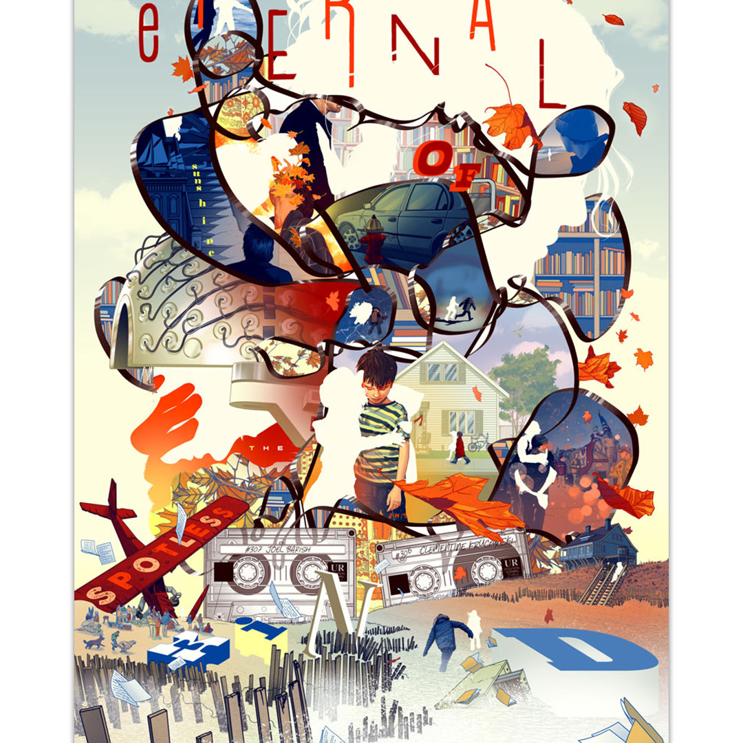 Collage-style artwork with abstract elements and text 'Eternal' on a colorful background.