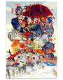 Collage-style artwork with abstract shapes and images, featuring the word 'Eternal' and various elements like cars, people, and buildings.