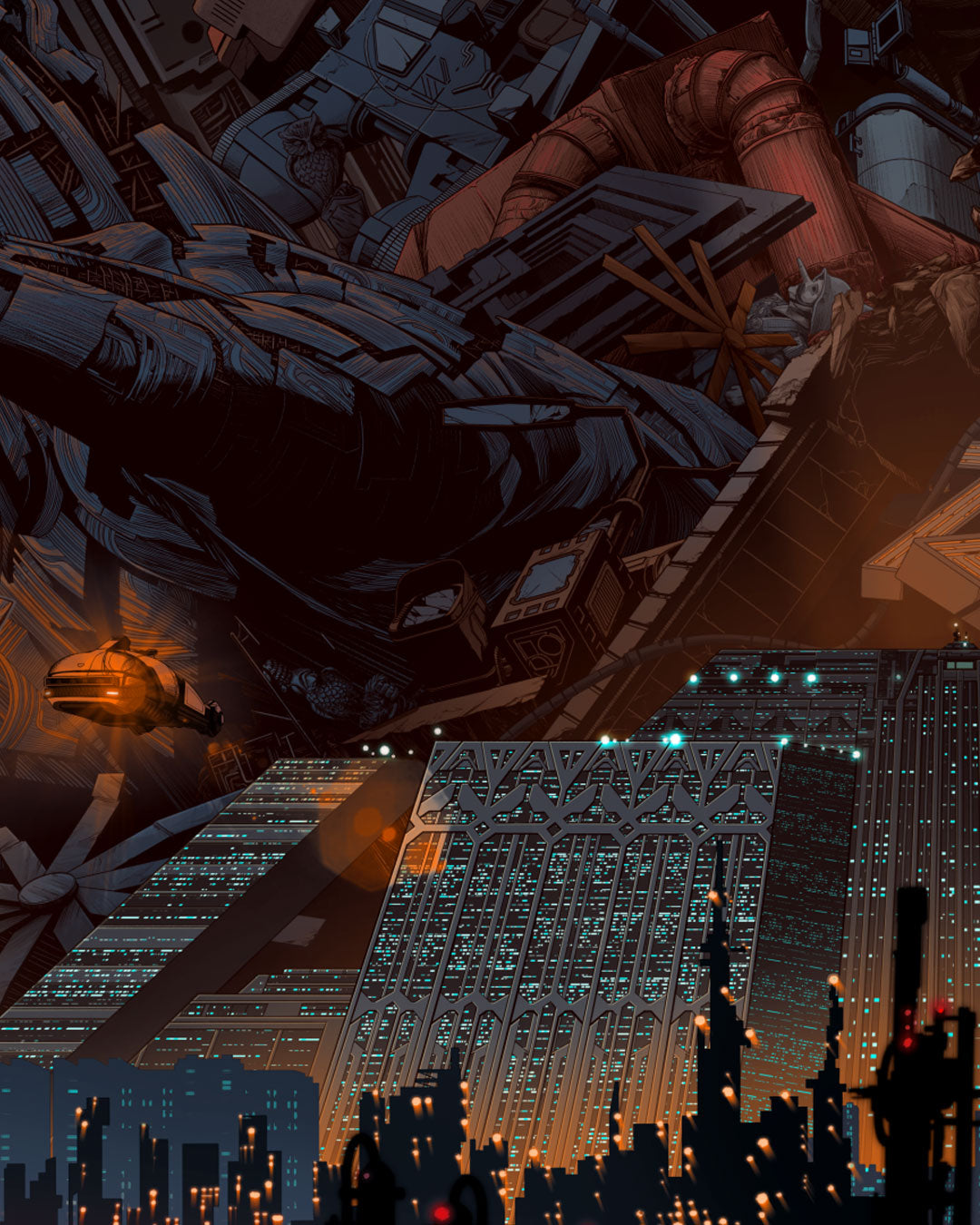 Here’s a rewritten version using the given product data: Experience a vibrant, sci-fi style scene reminiscent of Blade Runner, featuring a futuristic cityscape at night with tall illuminated buildings, flying vehicles, and complex structures above. Blending cutting-edge technology and architecture, this composition from Kevin Tong captures the cinematic wonder and intricate urban design characteristic of his detailed screen prints.