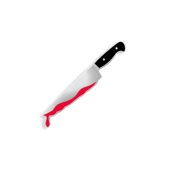 Spoke Art presents a limited edition enamel pin of a kitchen knife with a black handle and silver blade, featuring red, blood-like drops on its edge, displayed against a plain white background.