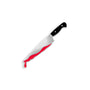 Spoke Art presents a limited edition enamel pin of a kitchen knife with a black handle and silver blade, featuring red, blood-like drops on its edge, displayed against a plain white background.