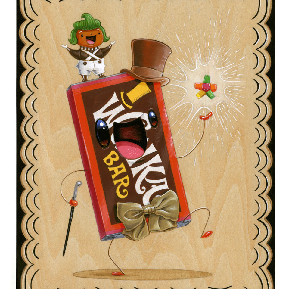 For Spoke Art's 15th Anniversary Show, Cuddly Rigor Mortis created a whimsical drawing of a smiling Wonka Bar with arms and legs, an Oompa Loompa on top, colorful candy floating nearby, and a light wood background with scalloped edges.