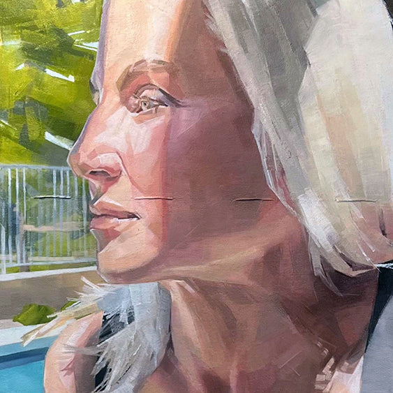 painting in an open face Moleskine notebook of a blonde woman partially sitting in the sun with a bright background by artist Laura Menardi