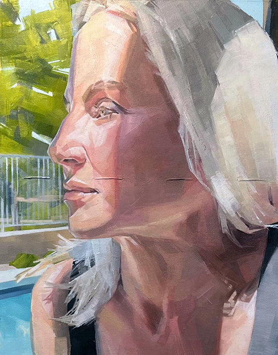 painting in an open face Moleskine notebook of a blonde woman partially sitting in the sun with a bright background by artist Laura Menardi