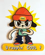Cartoon character with a red hat and microphone, standing in front of a sun, with text 'U rappin' COOL!' below.