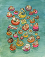 A whimsical Scott C. watercolor showcasing Tubing Dogs: playful pups lounging on colorful pool floats, snacking and sipping drinks in a charming, summery swimming pool scene. Each dog has a unique pose that adds extra personality.