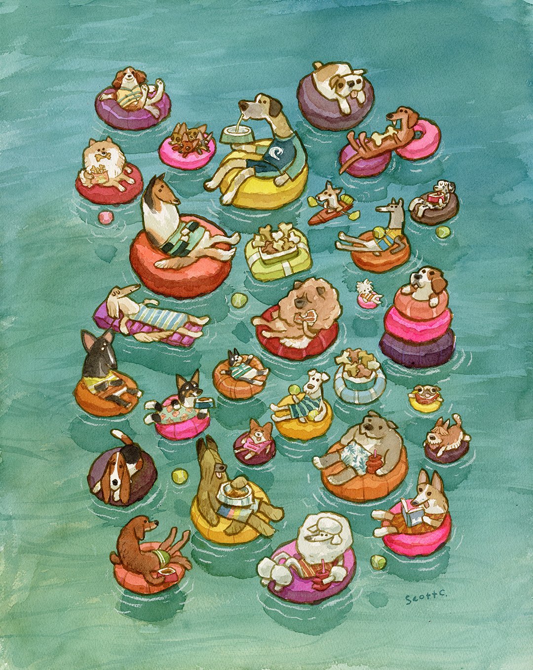 A whimsical Scott C. watercolor showcasing Tubing Dogs: playful pups lounging on colorful pool floats, snacking and sipping drinks in a charming, summery swimming pool scene. Each dog has a unique pose that adds extra personality.