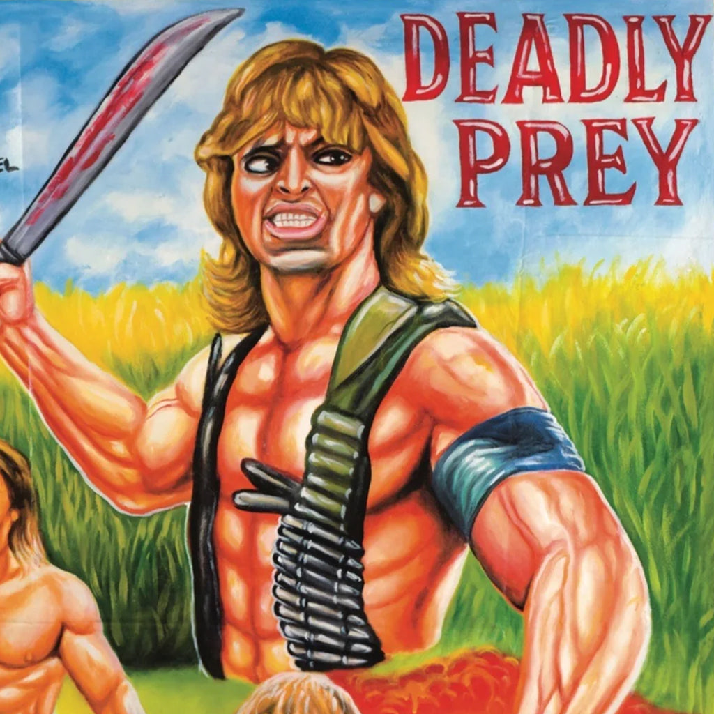A muscular man with long blond hair, wielding a bloodied machete and wearing a bullet belt, stands fiercely in tall grass. "Deadly Prey" appears in red at the top right of this digital print by the Deadly Prey brand.