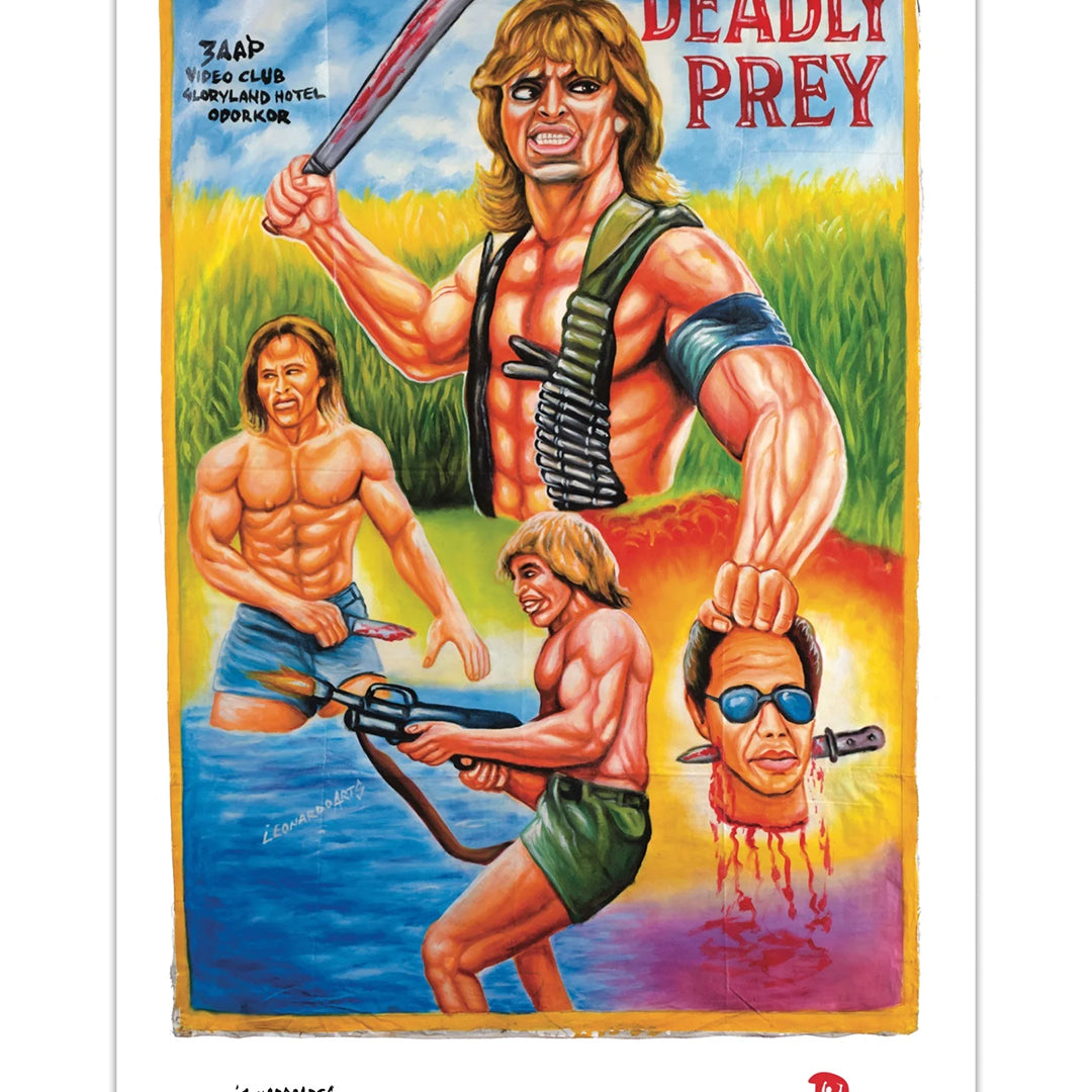 Colorful illustrated movie poster for Deadly Prey shows a muscular man with a knife, bullets, explosion, jungle action scenes, and a decapitated head. Bold red-yellow title at top right. Now available as a striking digital print from Deadly Prey.