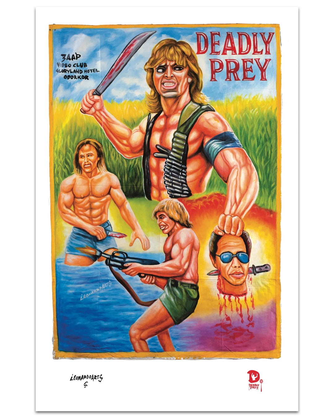 Colorful illustrated movie poster for Deadly Prey shows a muscular man with a knife, bullets, explosion, jungle action scenes, and a decapitated head. Bold red-yellow title at top right. Now available as a striking digital print from Deadly Prey.