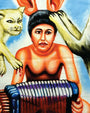 Deadly Prey presents a surreal digital print of a person with large animal-like ears playing accordion, flanked by cat-like creatures—one scratching their shoulder and drawing blood—with an intense, Gummo-esque vibe.