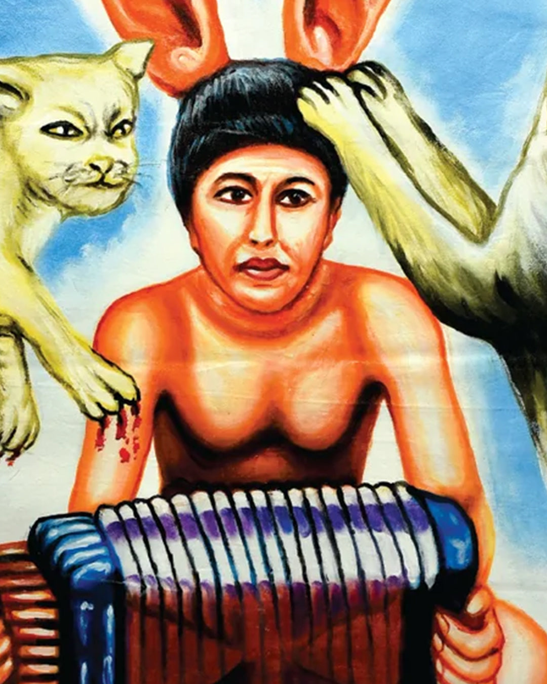 Deadly Prey presents a surreal digital print of a person with large animal-like ears playing accordion, flanked by cat-like creatures—one scratching their shoulder and drawing blood—with an intense, Gummo-esque vibe.