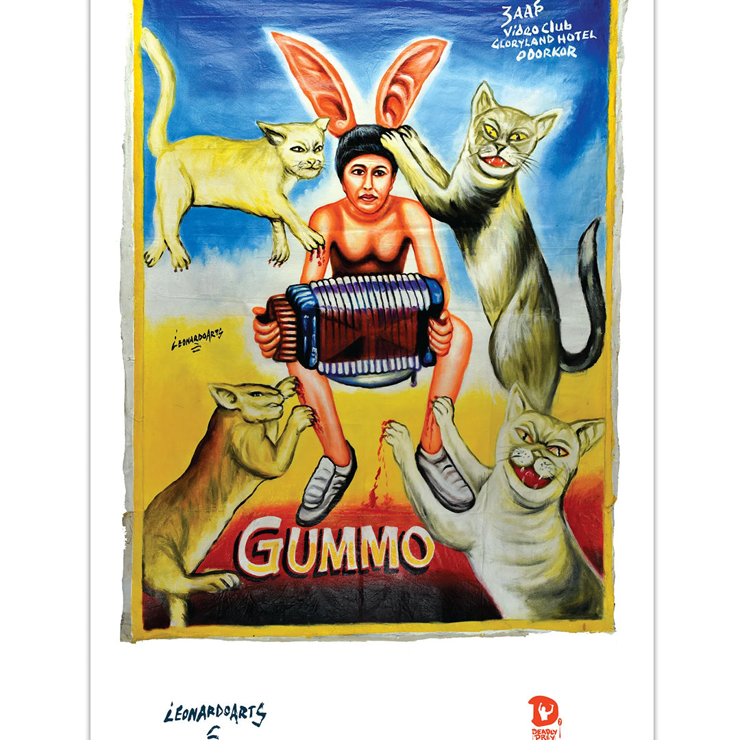 A vibrant Deadly Prey print featuring a person with rabbit ears playing an accordion, surrounded by four large cats on a yellow background. “GUMMO” appears boldly at the bottom, channeling playful energy and creative flair.