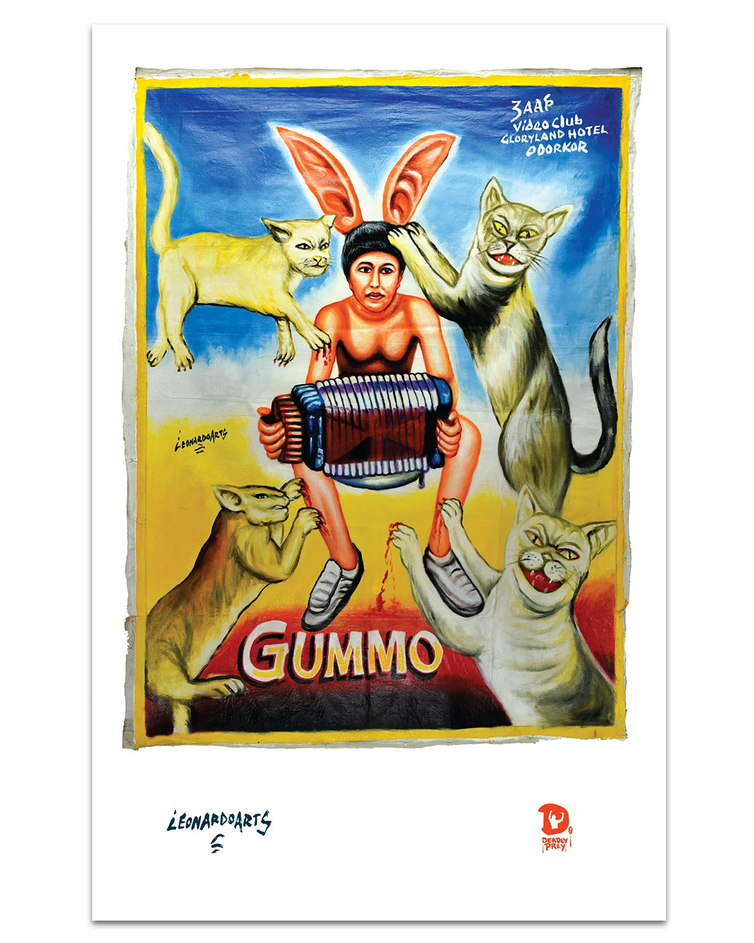 A vibrant Deadly Prey print featuring a person with rabbit ears playing an accordion, surrounded by four large cats on a yellow background. “GUMMO” appears boldly at the bottom, channeling playful energy and creative flair.