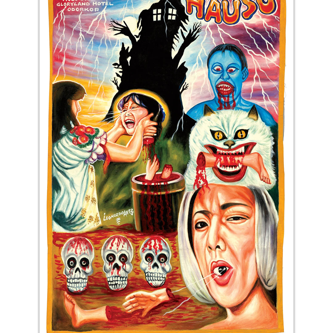 Deadly Prey’s digital print: a surreal Hausu movie poster featuring a woman strangling another, blue-faced figure, demonic cat, three bloodied skulls, shocked face, and haunted house silhouette beneath a stormy sky.