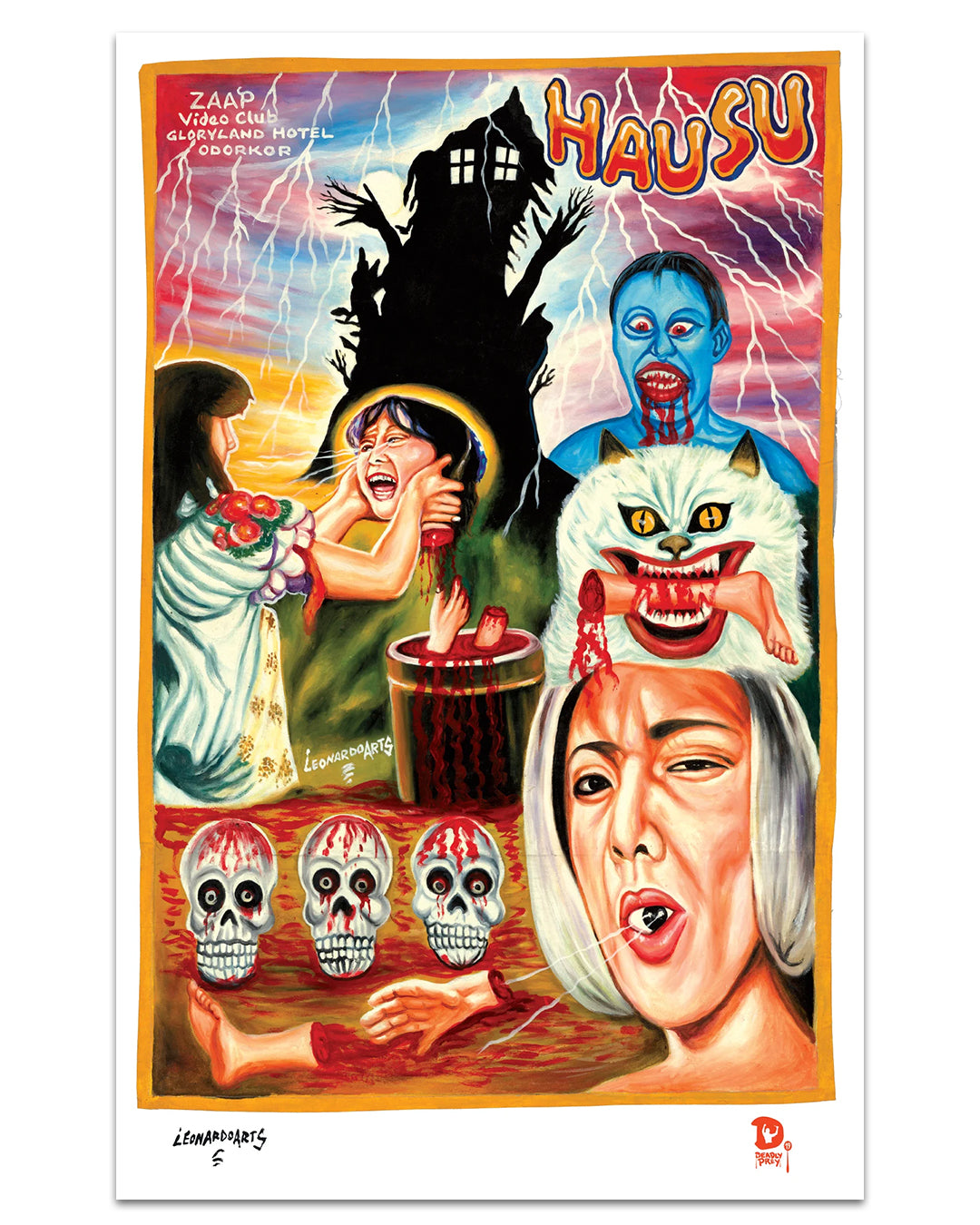 Deadly Prey’s digital print: a surreal Hausu movie poster featuring a woman strangling another, blue-faced figure, demonic cat, three bloodied skulls, shocked face, and haunted house silhouette beneath a stormy sky.