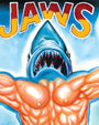 A muscular shark with an open mouth and sharp teeth, parodying a human bodybuilder’s physique with Leonardo's head swapped for the shark’s, is featured under a bold “JAWS” title in this Deadly Prey digital print.