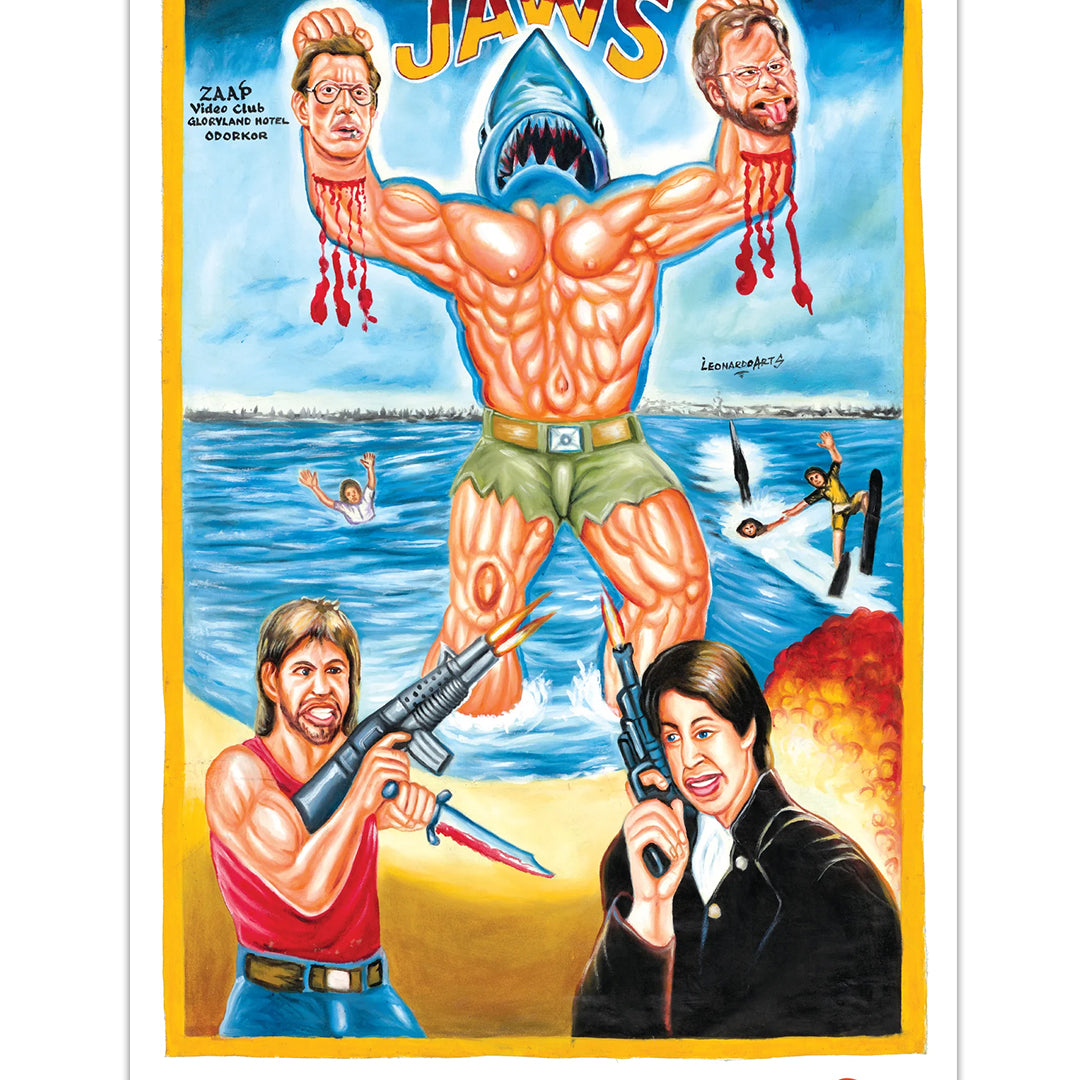 A surreal, colorful Deadly Prey print depicts a muscular shark-man with two severed heads, surrounded by armed figures, water skiers, and explosions. The word JAWS is displayed above the shark-man.