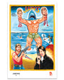 A surreal, colorful Deadly Prey print depicts a muscular shark-man with two severed heads, surrounded by armed figures, water skiers, and explosions. The word JAWS is displayed above the shark-man.